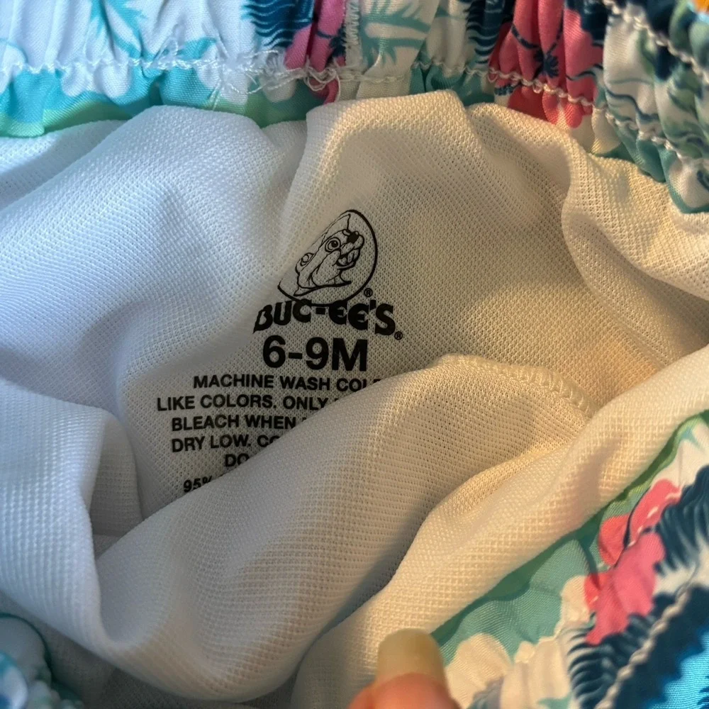 Buc-ee's Toddler 6-9 M Swim Trunks Hawaiian Palm Trees Surfing Floral Teal Green